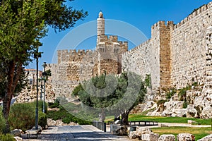 Alley and Tower of David in Jerusalem, Israel.