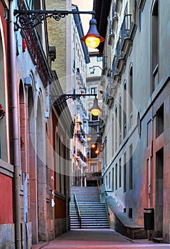 Alleyway in downtown Pamplona during a sunset