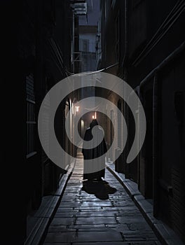 An alleyway shrouded in midnight black a robed figure hunched nearby. Gothic art. AI generation photo