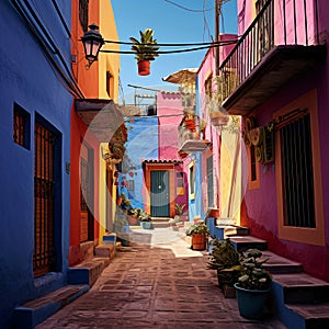 An alleyways in colorful colors, folklore-inspired, bold color palate, pink and indigo, use of bright colors, AI photo
