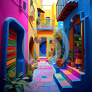 An alleyways in colorful colors, folklore-inspired, bold color palate, pink and indigo, use of bright colors, AI photo