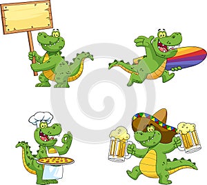 Alligator Or Crocodile Cartoon Character Different Poses