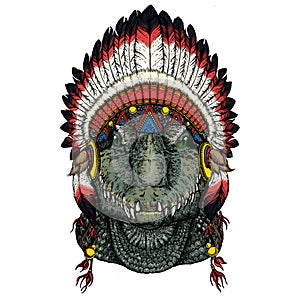 Alligator. Crocodilia. Portrait of african agressive animal. Indian traditional headdress.