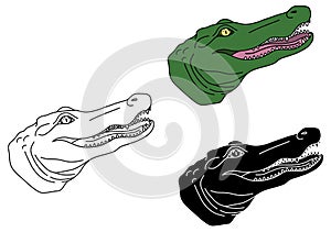 Alligator Head Vector Clipart Set - Outline, Silhouette and Color