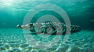 An alligator isolated on a freshwater lake floor background with space for copy.