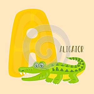 Alligator. A letter. Cute children animal alphabet in vector. Funny cartoon animals