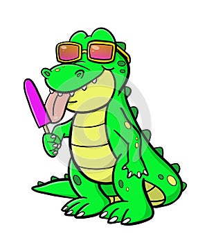 Alligator licking a popsicle and wearing sunglasses