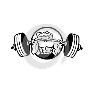 Alligator Lifting Heavy Barbell Weight Circle Mascot Black and White