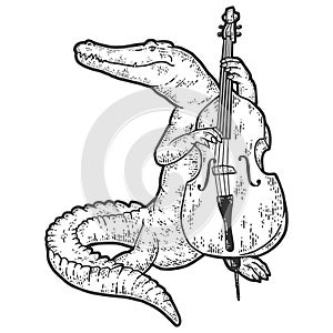 Alligator plays the double bass. Sketch scratch board imitation.