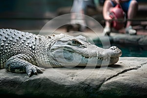 Alligator rests peacefully in zoo enclosure, observed by visitors