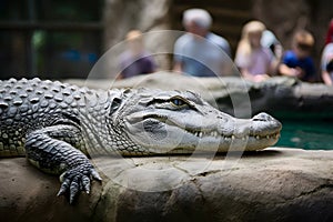 Alligator rests peacefully in zoo enclosure, observed by visitors