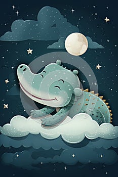 Alligator sleeping on a cloud on a starry night