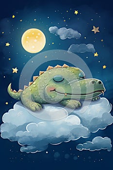 Alligator sleeping on a cloud on a starry night