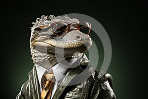 Alligator with sunglasses wearing leather jacket and tie on solid background. Generative AI