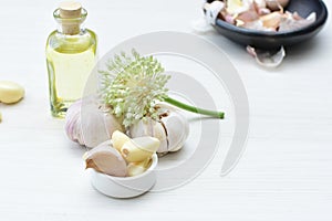 Allium sativum - Whole and minced garlic accompanied by garlic oil photo