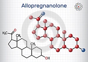 Allopregnanolone, brexanolone molecule. Sheet of paper in a cage