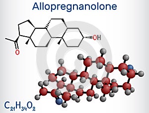 Allopregnanolone, brexanolone molecule. Structural chemical formula, molecule model.