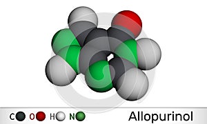 Allopurinol molecule. Drug is xanthine oxidase inhibitor, used to decrease high blood uric acid levels. Molecular model