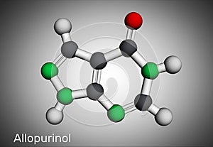 Allopurinol molecule. Drug is xanthine oxidase inhibitor, used to decrease high blood uric acid levels. Molecular model photo