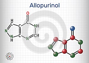 Allopurinol molecule. Drug is xanthine oxidase inhibitor, used to decrease high blood uric acid levels. Sheet of paper photo