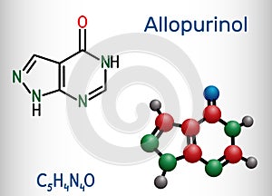 Allopurinol molecule. Drug is xanthine oxidase inhibitor, used to decrease high blood uric acid levels. Structural photo
