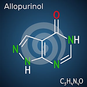 Allopurinol molecule. Drug is xanthine oxidase inhibitor, used to decrease high blood uric acid levels. Structural photo