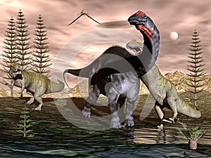 Allosaurus attacking apatosaurus dinosaur - 3D