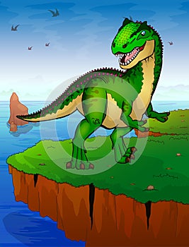 Allosaurus on the background of the sea.