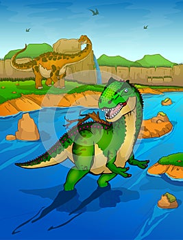Allosaurus on the river background