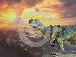 Allosaurus with volcano in the background