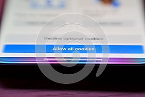 Allow cookies button on internet webpage. Internet browsing history data technology security concept