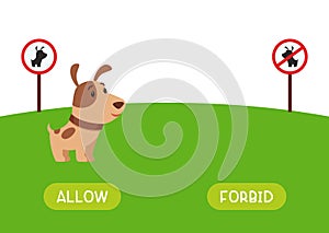 Allow and forbid antonyms word card vector template. Flashcard for english language learning.