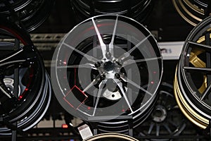 Alloy Wheel of car on the shelf. Alloy wheels are wheels that are made from an alloy of aluminium or magnesium.