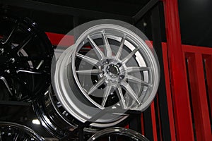 Alloy Wheel of car on the shelf. Alloy wheels are wheels that are made from an alloy of aluminium or magnesium.