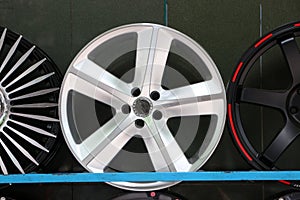 Alloy Wheel of car on the shelf. Alloy wheels are wheels that are made from an alloy of aluminium or magnesium