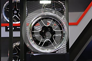 Alloy Wheel of car on the shelf. Alloy wheels are wheels that are made from an alloy of aluminium or magnesium. Alloys are