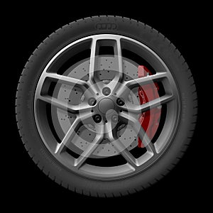 Alloy wheel illustration with tire, rim, brake and caliper