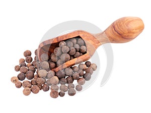 Allspice in wooden scoop, isolated on white background. Jamaican pepper, pimento berry, allspice peppercorns or myrtle