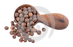 Allspice in wooden spoon, isolated on white background. Jamaican pepper, pimento berry, allspice peppercorns or myrtle