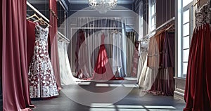 The Allure of a Couture Dressmaking Shop with Elegant Gowns and a Secluded Fitting Area
