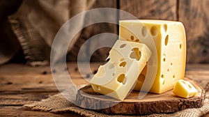 The allure of Emmental cheese, with its creamy texture and distinctive holey appearance, on a wooden platter, with rustic