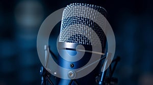 Alluring blue microphone harmonizes with the tranquil blue background, inviting creative expression.