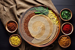 Alluring Ethiopian Cuisine Flat Lay with Injera and Stews