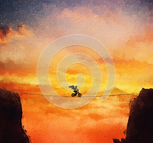 Alluring painting with an adventurer person slacklining on a bicycle over the chasm. Boy dreamer with angel wings on his back take