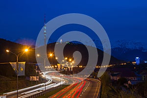 Almaty city night view, Kok Tobe hill. Lights trails at night on