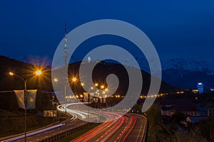 Almaty city night view, Kok Tobe hill. Lights trails at night on