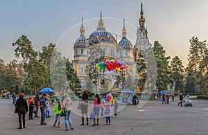 ALMATY, KAZAKHSTAN - NOVEMBER 5, 2014: People at the Ascension Orthodox Cathedral