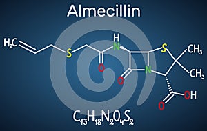 Almecillin penicillin O drug molecule. It is beta-lactam antibiotic. Structural chemical formula on the dark blue background photo