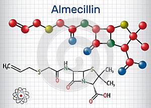 Almecillin penicillin O drug molecule. It is beta-lactam antibiotic. Structural chemical formula and molecule model. Sheet of photo