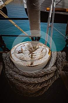 Almeria, Spain; July 8th 2018: Amerigo Vespucci is a training ship of the year 1930. Golden detail of the ships rigging